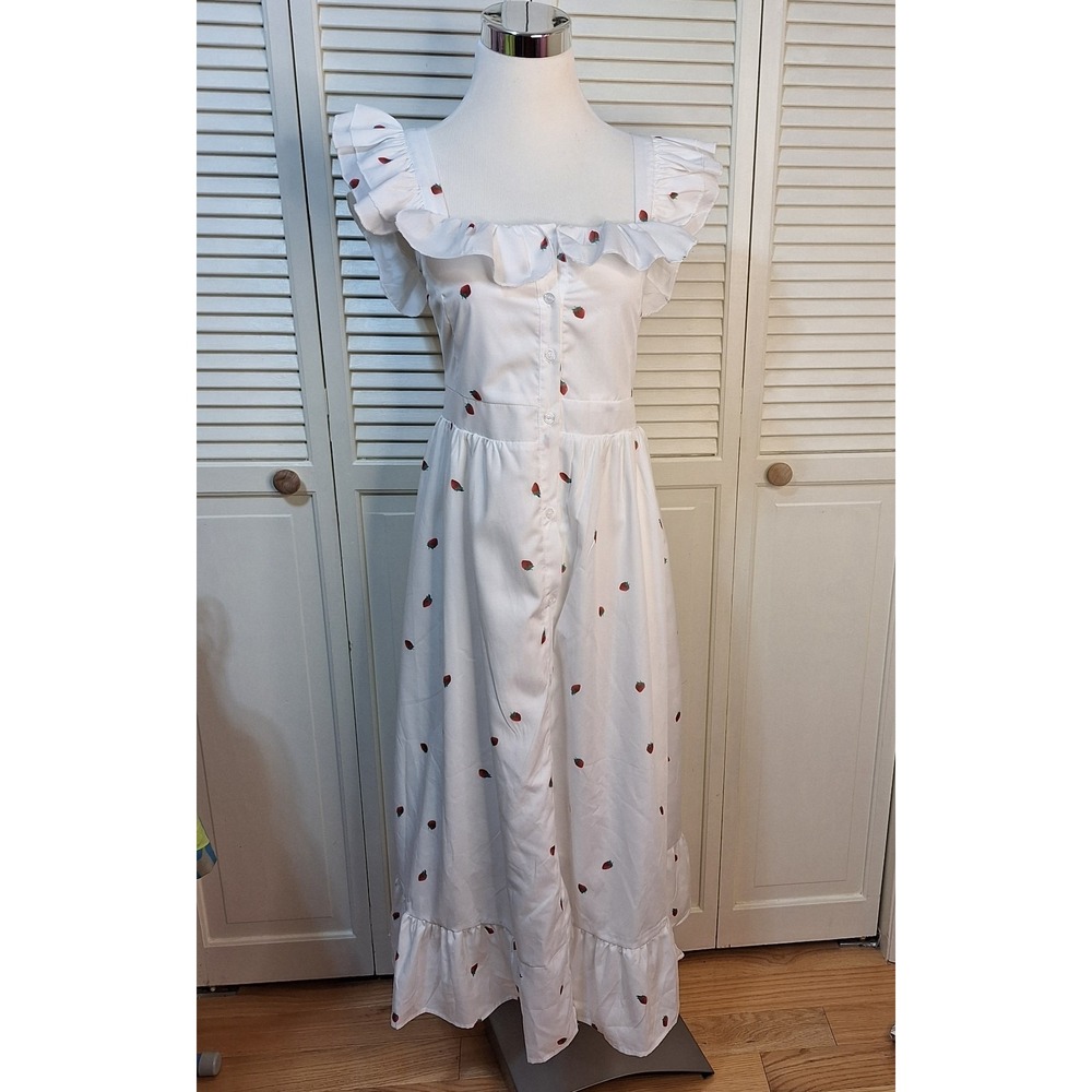 Sunday Up Womens Size S Ruffle Strap Button Front‎ Dress White Strawberry  Print